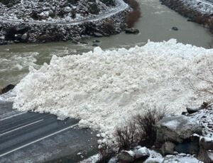 Hakkari-Çukurca kara yoluna çığ düşme anı kamerada